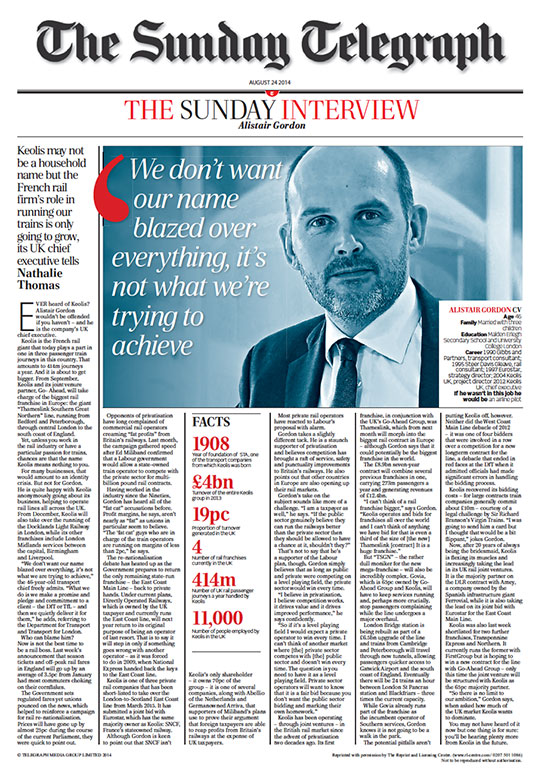 Sunday Telegraph article about Keolis CEO Alistair Gordon